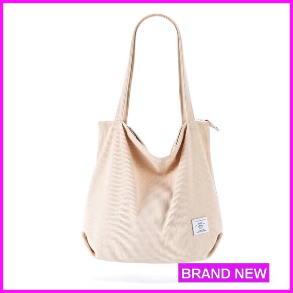 Handbags - Corduroy Tote Bag Zipper Casual Large Capacity Shoulder Bag with Pockets